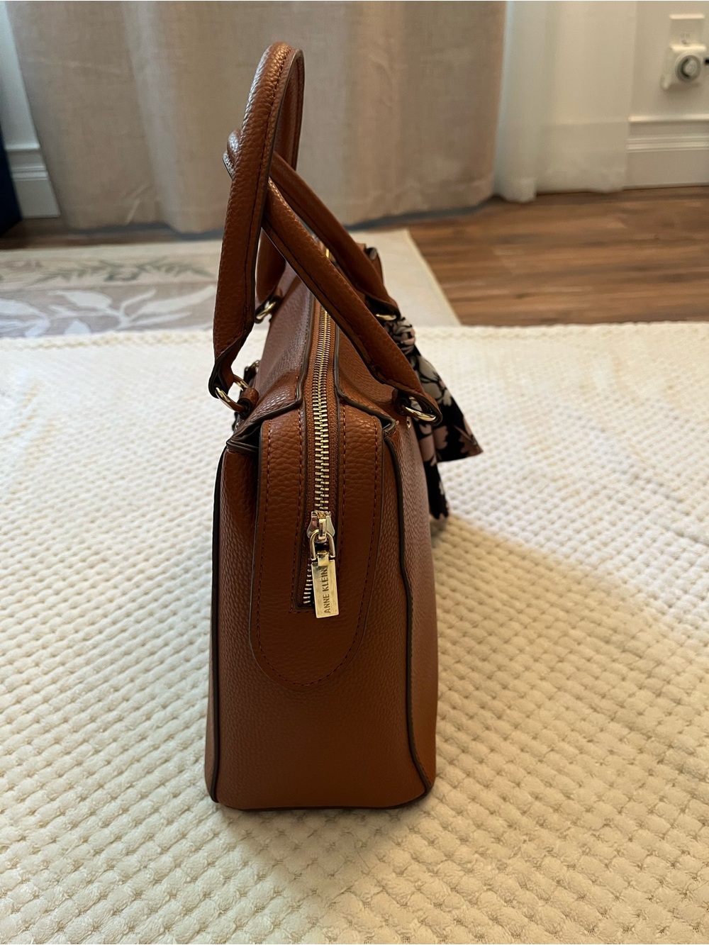 Anne Klein Cognac Pebbled Leather Purse with Floral Scarf and Cross Body Strap - Picture 2 of 7